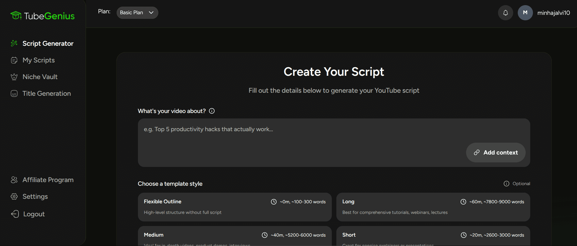 TubeGenius - AI YouTube Scripting - Utility Software Project Screenshot